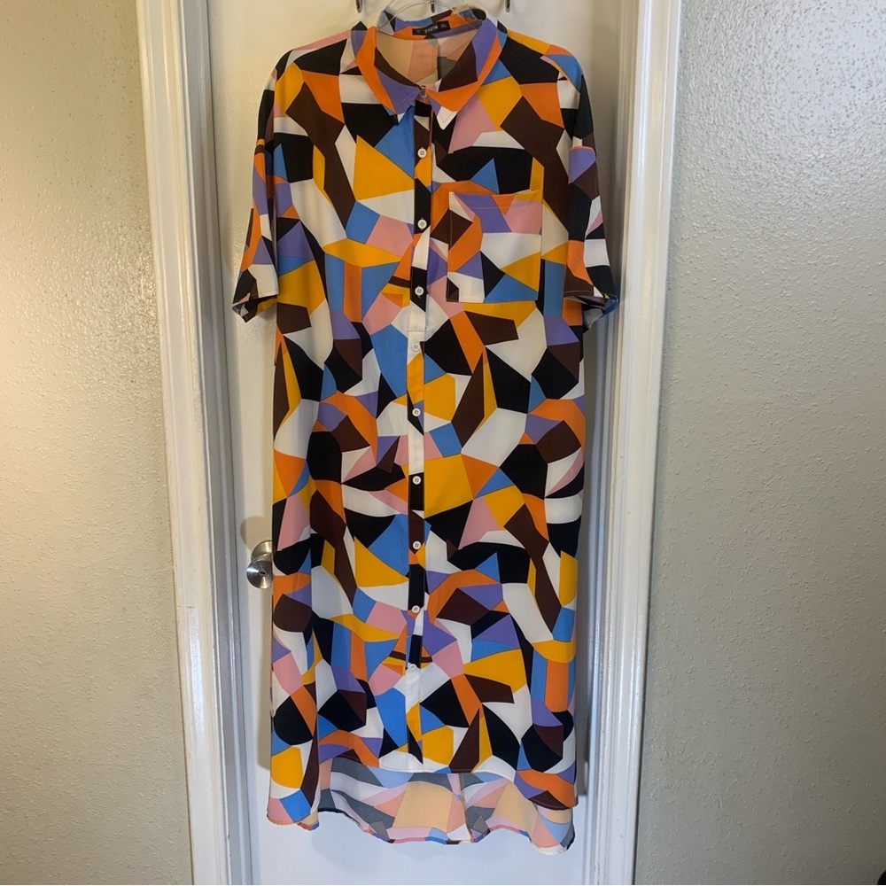 SHEIN Colorful Geometric Midi Shirt Dress